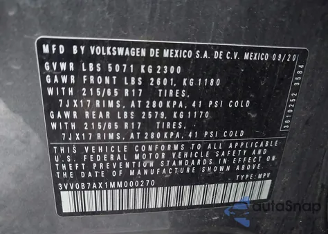 2021 Volkswagen Tiguan 2.0T S from USA, damaged, VIN 3VV0B7AX1MM000270